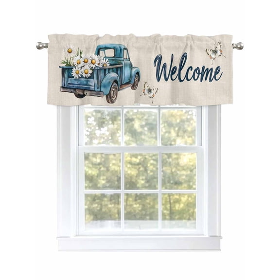 Blue Truck Spring Floral Curtain Valances for Windows, Summer Butterflies Rustic Vintage Kitchen Valance Window Treatment, Light Filtering Block Curtains for Bathroom/Bedroom/Living Room 42'' x 12''