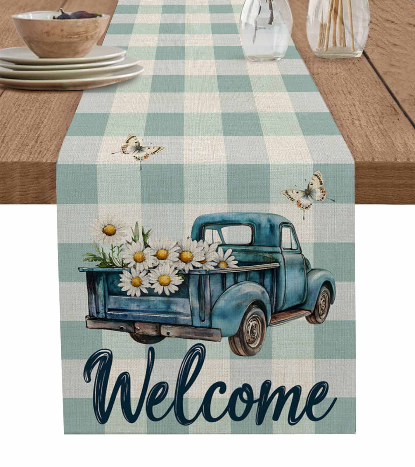 Spring Table Runner 108 Blue Truck Spring Floral Table Runner 108 Inches, Teal Plaid ...