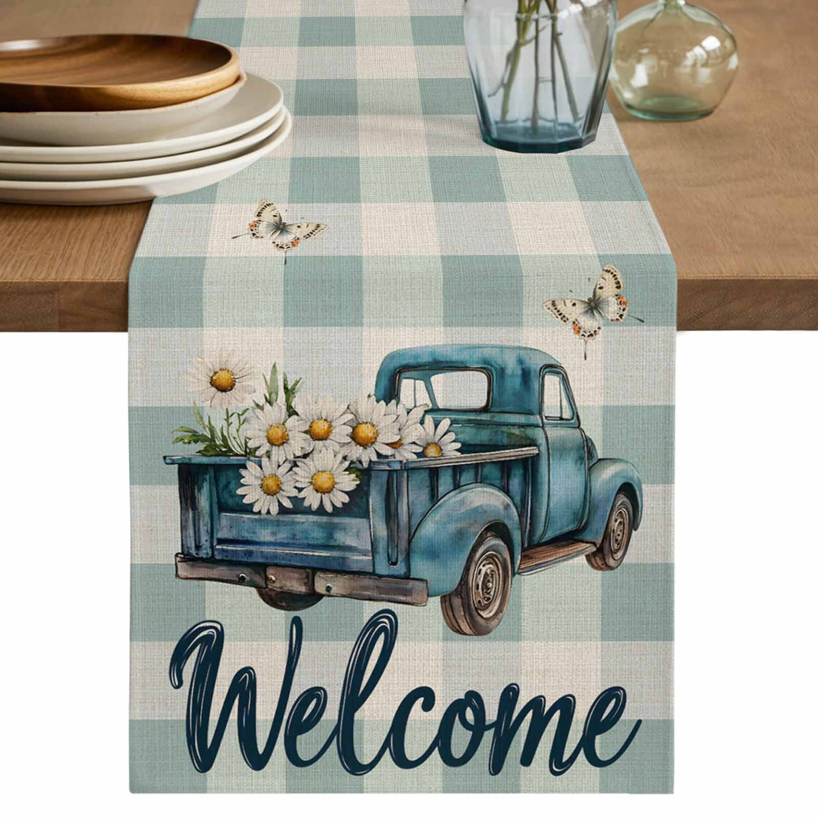 Blue Truck Spring Floral Table Runner 72 Inches Long,Teal Plaid ...