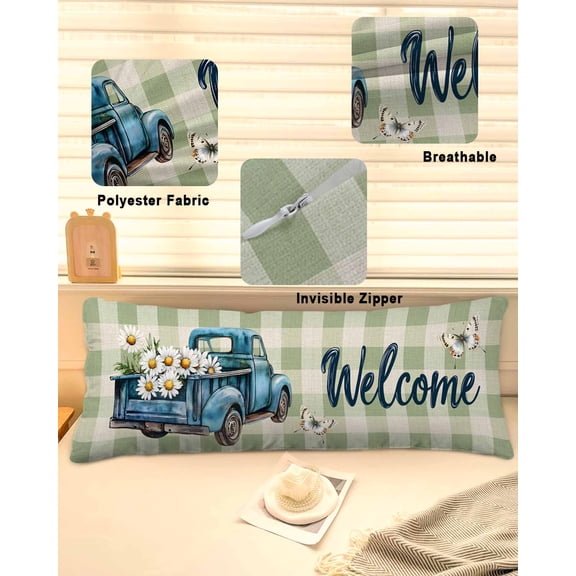 Blue Truck Spring Floral Throw Pillow Covers, Sage Green Plaid Butterflies Soft Breathable Pillow Cases with Invisible Zipper for Sleeping, Long Body Pillowcases for Couch Bed Sofa Chair 20x60 Inches