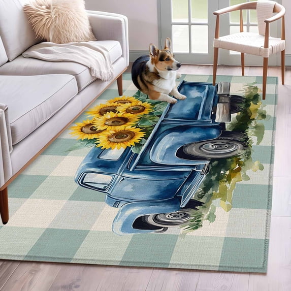 Blue Truck Yellow Sunflower Area Rug 4x6 FT, Non Slip Kids Room Carpet, Teal Plaid Vintage Summer Washable Soft Floor Carpet Non-Shedding Throw Rug for Dorm Kitchen Study Room Home Office Bedside