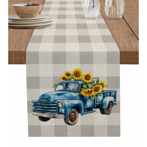 Blue Truck Yellow Sunflower Burlap Cotton Table Runner 13x108 Inches Long, Summer Botanical Grey Plaid Farmhouse Table Runners, Outdoor Dining Tablecloths Decor for Baby Shower/Party/Wedding