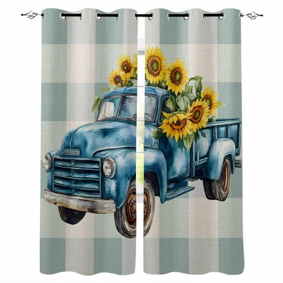Blue Truck Yellow Sunflower Kitchen Curtains Summer Teal Plaid Vintage Cafe Short Curtains for Bathroom Blackout Window Curtain Grommet Small Window Treatment Drapes for Bedroom Living Room 42"x45"x2
