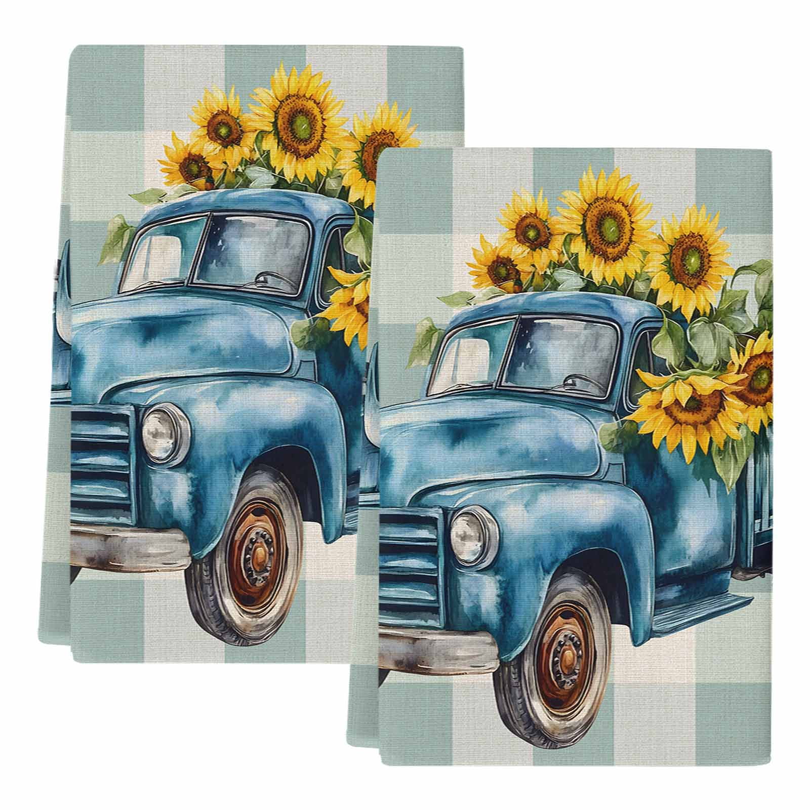Blue Truck Yellow Sunflower Kitchen Towels Set of 2, Summer Teal Plaid Vintage Soft Microfiber Dish Towels, Absorbent Quick-Dry Washable Dishcloths for Kitchen Cleaning, Drying Dishes, 18x28 Inches