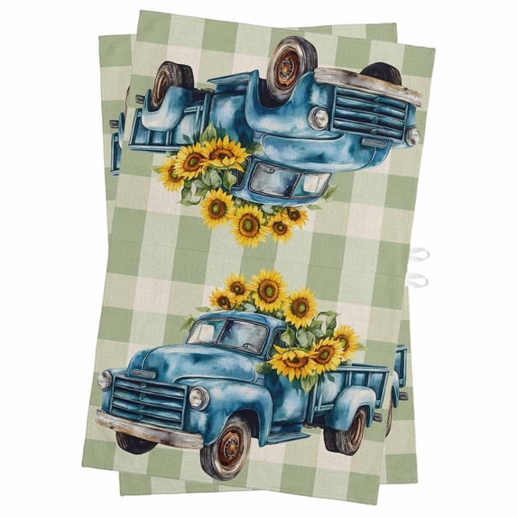 Blue Truck Yellow Sunflower Kitchen Towels Set of 2, Water Absorbent Dish Towel, Summer Sage Green Plaid Vintage Decorative Hand Towels - Quick Drying Cloth for Cooking Baking, 18x28 Inch