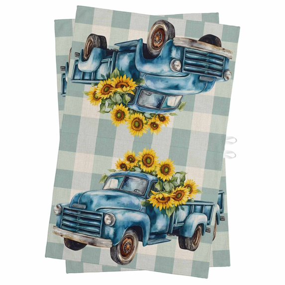 Blue Truck Yellow Sunflower Kitchen Towels Set of 2, Water Absorbent Dish Towel, Summer Teal Plaid Vintage Decorative Hand Towels - Quick Drying Cloth for Cooking Baking, 18x28 Inch