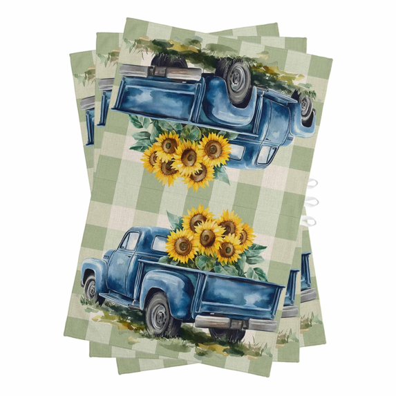 Blue Truck Yellow Sunflower Kitchen Towels Set of 3, Water Absorbent Dish Towel, Sage Green Plaid Vintage Summer Decorative Hand Towels - Quick Drying Cloth for Cooking Baking, 18x28 Inch