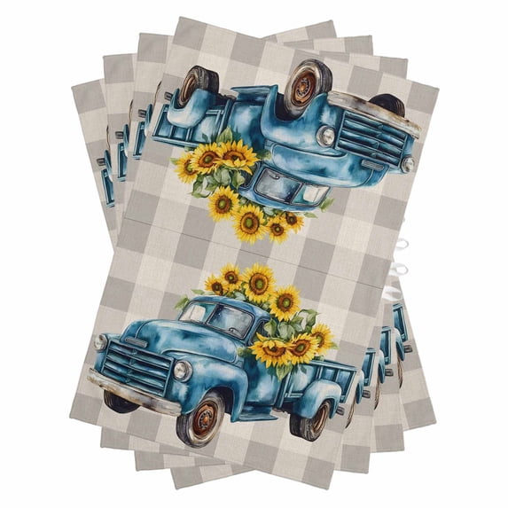 Blue Truck Yellow Sunflower Kitchen Towels Set of 4, Water Absorbent Dish Towel, Summer Botanical Grey Plaid Decorative Hand Towels - Quick Drying Cloth for Cooking Baking, 18x28 Inch