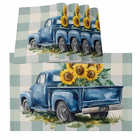 Blue Truck Yellow Sunflower Placemats for Dinning Table Set of 6, Teal Plaid Vintage Summer Burlap Kitchen Place Mats Waterproof Cloth Table Mats, Indoor Outdoor Placemats Easy Clean Dinner Decor