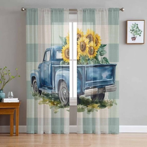 Blue Truck Yellow Sunflower Sheer Curtains 63 Inches Length 2 Panels Set, Window Sheer Curtains for Living Room/Bedroom, Teal Plaid Vintage Summer Light Filtering Rod Pocket Curtain 52'' x 63'' x 2