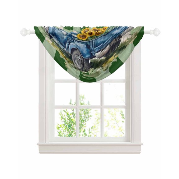 Blue Truck Yellow Sunflower Sheer Waterfall Valance Curtains for Window, Green Plaid Vintage Summer Rod Pocket Sheer Topper Swag Curtains for Living Room, Kitchen 38.5"W x 47.2"L, 1 Panel