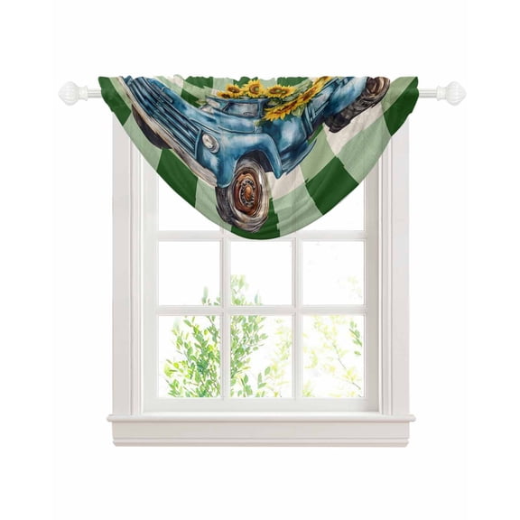 Blue Truck Yellow Sunflower Sheer Waterfall Valance Curtains for Window, Summer Green Plaid Vintage Rod Pocket Sheer Topper Swag Curtains for Living Room, Kitchen 38.5"W x 47.2"L, 1 Panel