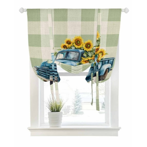 Blue Truck Yellow Sunflower Tie Up Curtains for Window, Thermal Insulated Balloon Shade Adjustable Rod Pocket Curtains Valance Panels for Kitchen Bathroom Cafe 42 x 45 Summer Sage Green Plaid Vintage