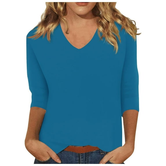 Blue Tshirts Shirts for Women Graphic, 3/4 Sleeve Blouses for Women Business Casual, Womens Tops 45355 Sleeve Summer Solid Plain Travel Cute V Neck Slim Fit Half Tshirts Shirts Spring Blouse