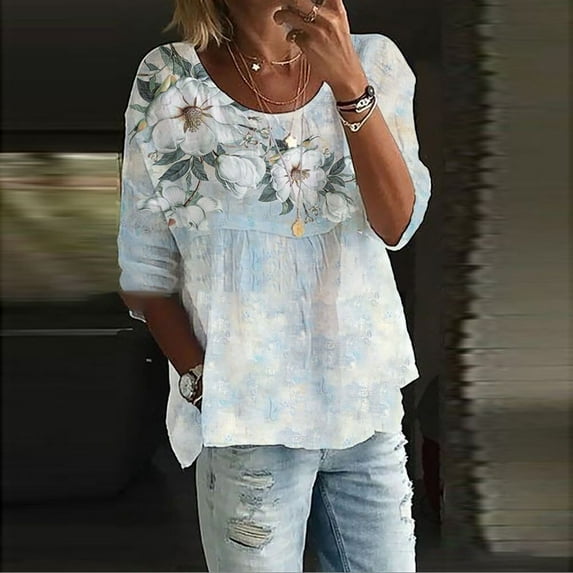 Blue Tshirts for Women Cotton Linen 3/4 Sleeve Floral Leaf Print Dressy Blouse Tops Spring Summer Oversized Loose Flowy Shirt 2025 Womens Long Sleeve Tops
