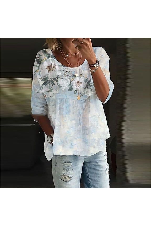 Blue Tshirts for Women Cotton Linen 3/4 Sleeve Floral Leaf Print Dressy Blouse Tops Spring Summer Oversized Loose Flowy Shirt 2025 Womens Long Sleeve Tops