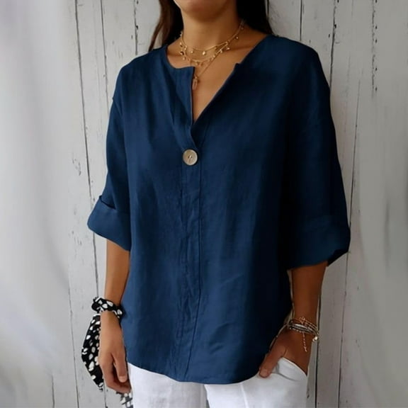 Blue Tshirts for Women Linen Shirts for Women Summer Cotton Linen V Neck 3/4 Sleeve Tops Loose Vacation Beach Solid Blouses Tunic Tops Going Out Tops for Women