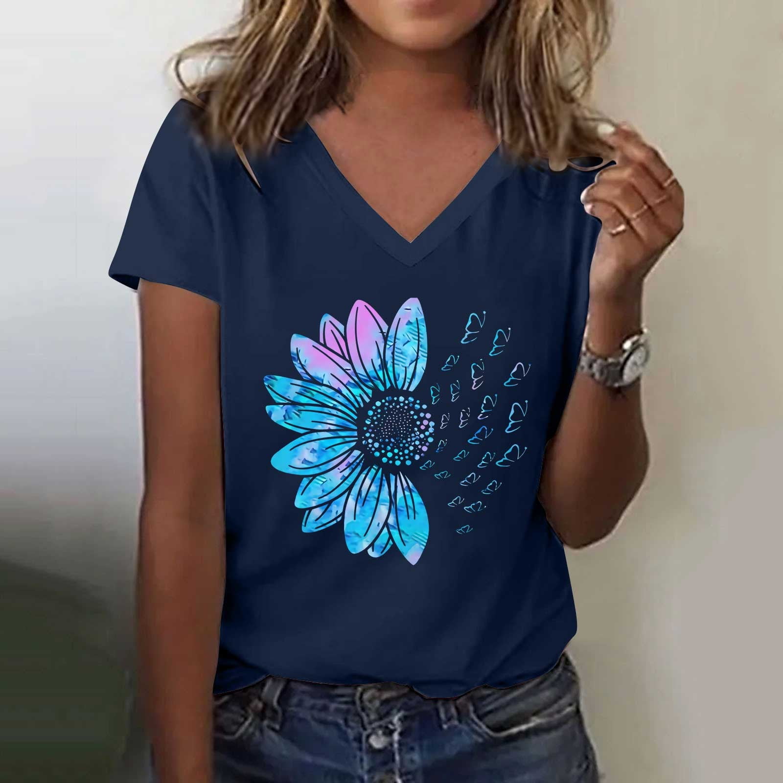 Blue Tshirts for Women's Graphic Shirts Sunflower Pattern Print Crew ...