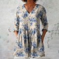 thumbnail image 1 of Blue Tshirts for Women 2025 New Women's Summer Printed Group Shirt Women's Linen V Neck Casual Shirt Going Out Tops for Women, 1 of 3