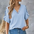 thumbnail image 1 of Blue Tshirts for Women 2025 Summer Simple Solid Color Short Sleeved Ruffled V Neck Blouse Blouse Going Out Tops for Women, 1 of 6