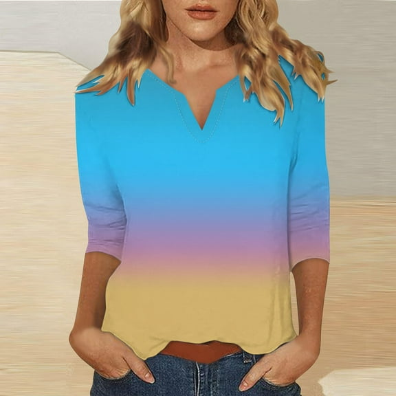 Blue Tshirts for Women 3/4 Sleeve Tops for Women Summer Notched V Neck Plain T Shirts Casual Cute Three Quarter Length Blouses Womens 3/4 Sleeve Tops