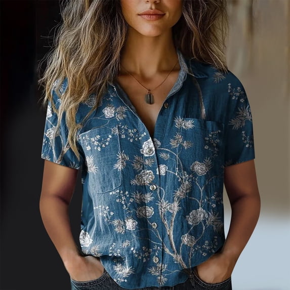Blue Tshirts for Women Cotton Shirt Printed Fashion Down Shirts Casual Tops Short Sleeve Blouse Womens Short Sleeve Tops