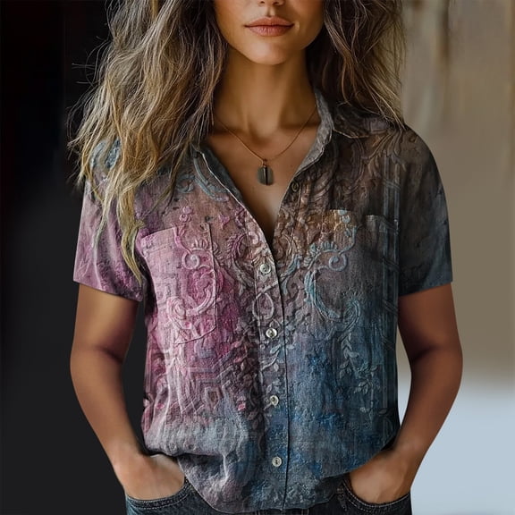 Blue Tshirts for Women Cotton Shirt Printed Fashion Down Shirts Casual Tops Short Sleeve Blouse Womens Short Sleeve Tops