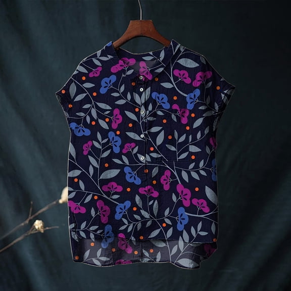 Blue Tshirts for Women Cute Tops for Women Collar Non Sleeve Linen Shirts Plus Size Floral Blouses Casual Summer Clothes Summer Tops