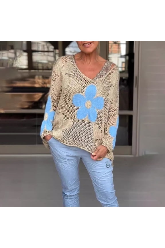 Blue Tshirts for Women Floral Knitted Hollow V Neck Shirt Floral Grid Knitted Sweater Summer Tops