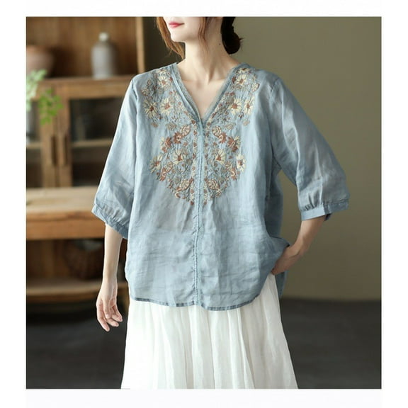 Blue Tshirts for Women Floral Tops Cotton Linen Shirts Boho Ethnic Style Tee Women 3/4 Sleeve V Neck Button Tunic Tshirt Going Out Tops for Women