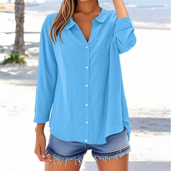 Blue Tshirts for Women Loose Shirt Top Stand Solid Color Long Sleeve Lapel Collar Casual Women's Shirt Women's Shirt Summer Tops
