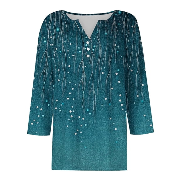 Blue Tshirts for Women Summer Plus Size Shirts for Women V Neck 3/4 Sleeve Tops Floral Print Tees Tunic Casual Blouses Going Out Tops for Women