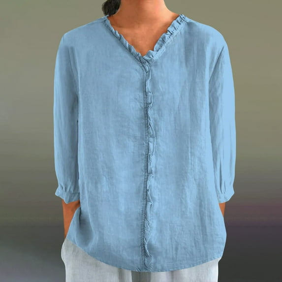 Blue Tshirts for Women's Autumn Lapel Art Solid Color Round Neck Loose Pullover Top Casual Shirt T Shirt Womens Shirts