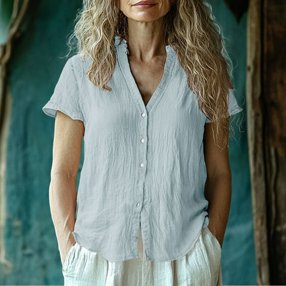 Blue Tshirts for Women's Casual Short Sleeve Regular Cardigan Top Shirt Going Out Tops for Women