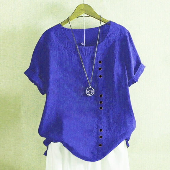 Blue Tshirts for Women's Cotton Linen Shirts Summer Casual Boho Floral Short Sleeve Blouse Oversized Loose Ladies Tunic Tops Womens Shirts