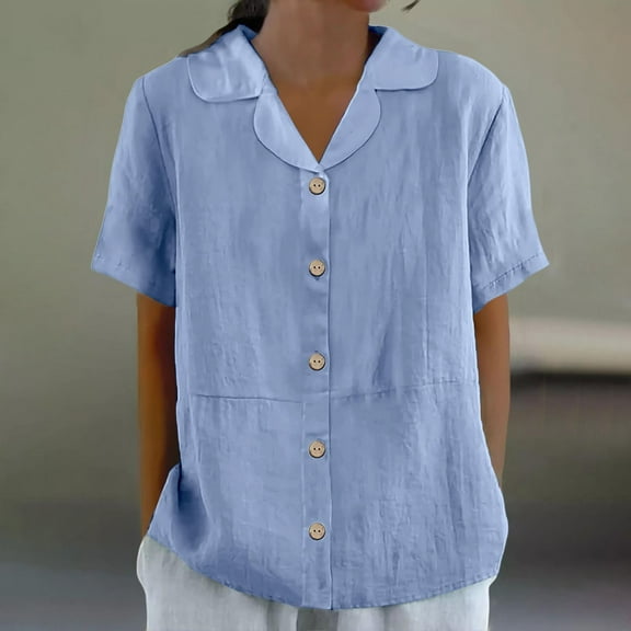 Blue Tshirts for Women's Cotton and Linen Summer Casual Collar Short Sleeved Blouse Going Out Tops for Women