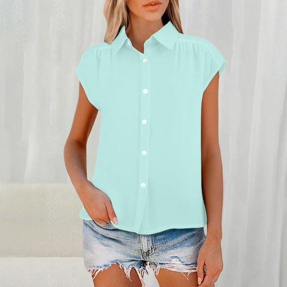 Blue Tshirts for Women's Elastic Cuffs Cotton Linen Button Up Shirt for Daily Casual Commuting Summer Tops