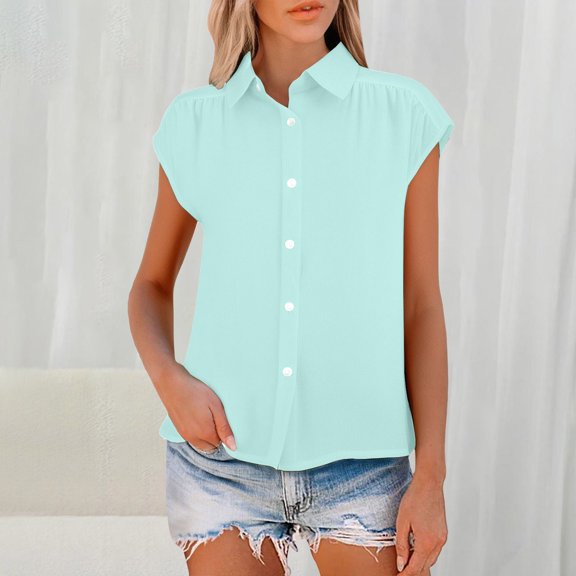 Blue Tshirts for Women's Elastic Cuffs Cotton Linen Button Up Shirt for Daily Casual Commuting Summer Tops
