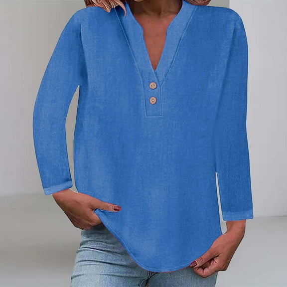 Blue Tshirts for Women's Fashion Casual V Neck Button Up Short Sleeved Blouse Womens Long Sleeve Tops