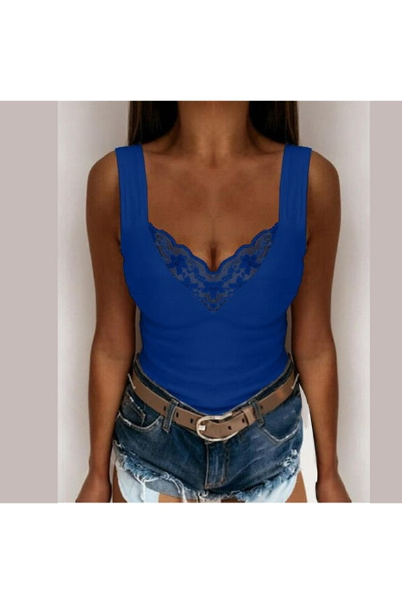 Blue Tshirts for Women's Summer V Neck Solid Color Sexy Lace Camisole Vest Womens Tank Tops