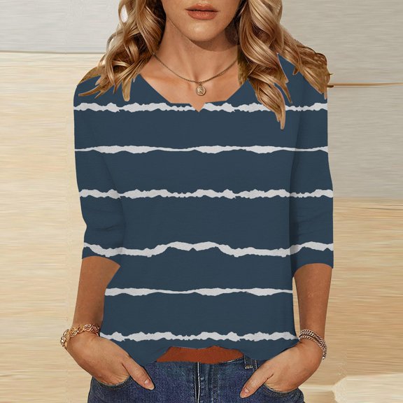 Blue Tshirts for Womens 3/4 Length Sleeve Tunic Tops Casual V Neck Shirts Basic Tees Business Work Blouses Summer Fall 2025 Clothes Summer Tops