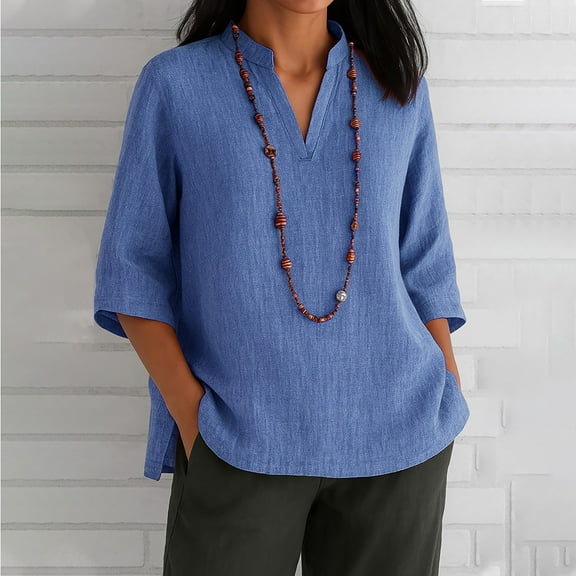 Blue Tshirts for Womens Cotton Linen Summer Tops Casual Loose Oversized Blouses Shirts 3/4 Sleeve Tunic Boho Trendy Beach Outfits Summer Tops