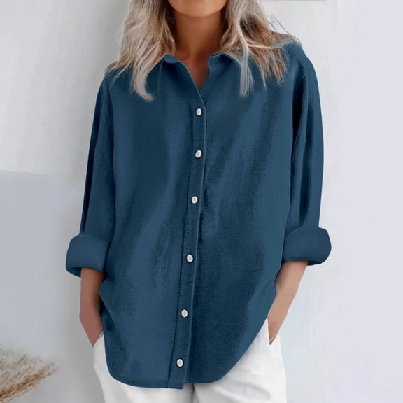 Blue Tshirts for Womens Daily Casual Linen Shirts Long Sleeve Shirts Tops Casual Blouses Loose Fit Shirt Womens Long Sleeve Tops