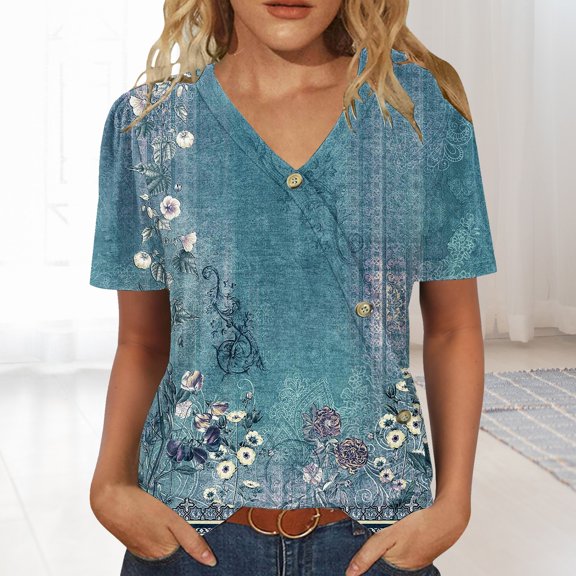 Blue Tshirts for Womens Tops Casual Short Sleeve V Neck Shirts Puff Sleeve Tshirts Loose Casual Blouse Summer Tee Summer Tops