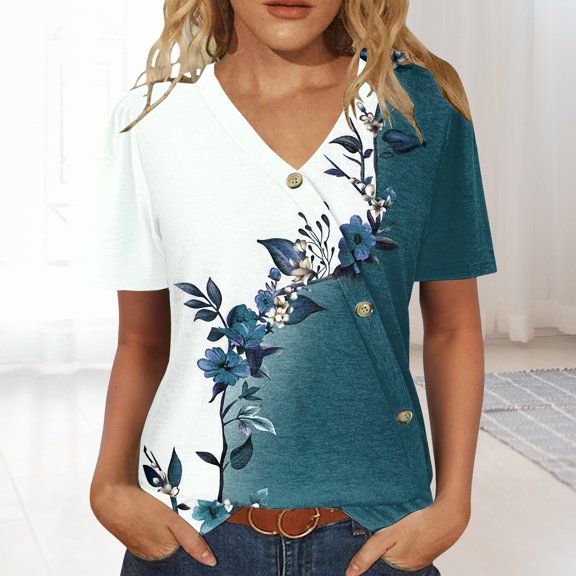 Blue Tshirts for Womens Tops Casual Short Sleeve V Neck Shirts Puff Sleeve Tshirts Loose Casual Blouse Summer Tee Summer Tops
