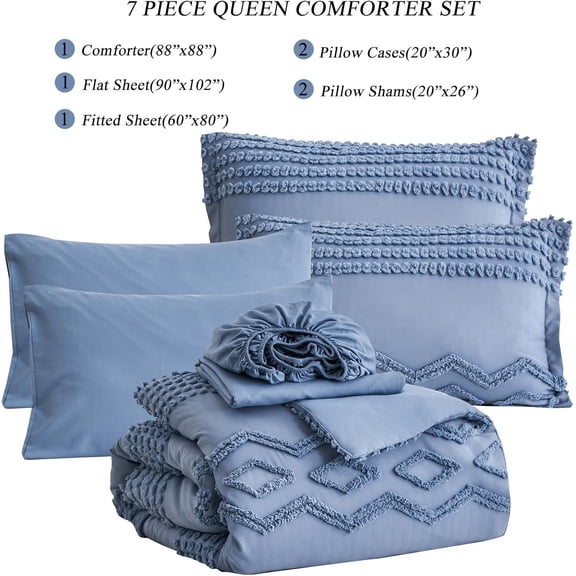 Blue Tufted 7-Piece Queen Comforter Set, Shabby Chic Bedding with Soft Microfiber