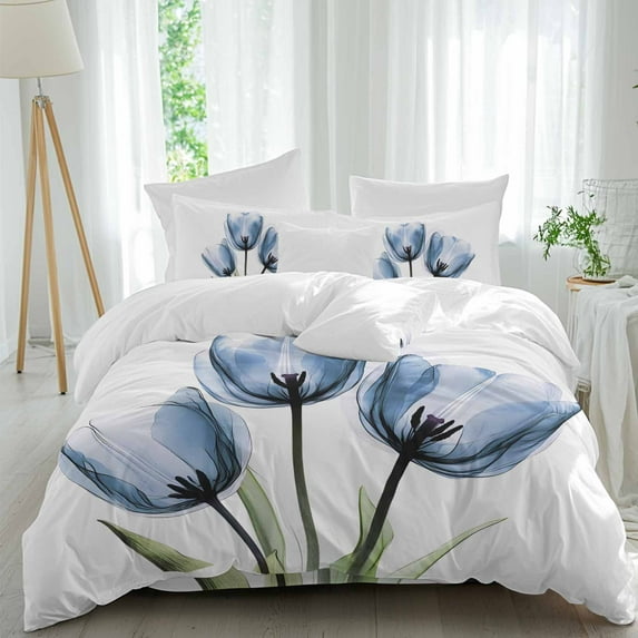 Blue Tulip 4 Piece Duvet Cover Set Twin Size Flower Farmhouse Soft Bedding Set Comforter Cover, 1 Duvet Cover 1 Flat Sheets and 2 Pillowcases