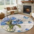 thumbnail image 1 of Blue Tulip 6ft Round Rugs, Vintage Spring Floral Retro Art Butterfly Wooden Washable Non-Slip Area Rugs for Living Room Bedroom Kitchen, Low Pile Dining Room Kicthen Circle Carpet, Indoor Floor Rug, 1 of 9