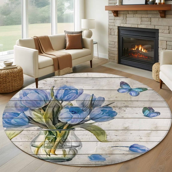 Blue Tulip 6ft Round Rugs, Vintage Spring Floral Retro Art Butterfly Wooden Washable Non-Slip Area Rugs for Living Room Bedroom Kitchen, Low Pile Dining Room Kicthen Circle Carpet, Indoor Floor Rug