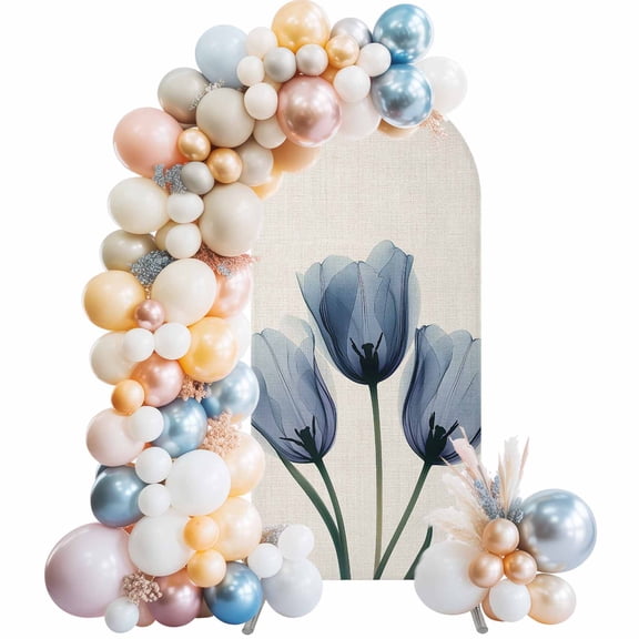 Blue Tulip Arch Backdrop Cover, Spandex Fitted Wedding Arch Cover, Rustic Spring Floral Summer Botanical Round Top Stand Covers for Birthday Ceremony Bridal Shower Party Decor 7.2x4 Ft